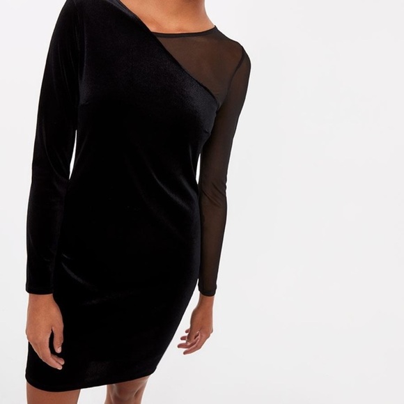 Velvet Dress with one shoulder mesh sleeve​ - Picture 1 of 3